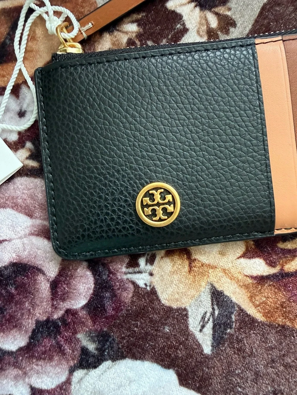 TORY BURCH Black Pebble Leather Robinson Gold-Tone Hardware Card Case NWT